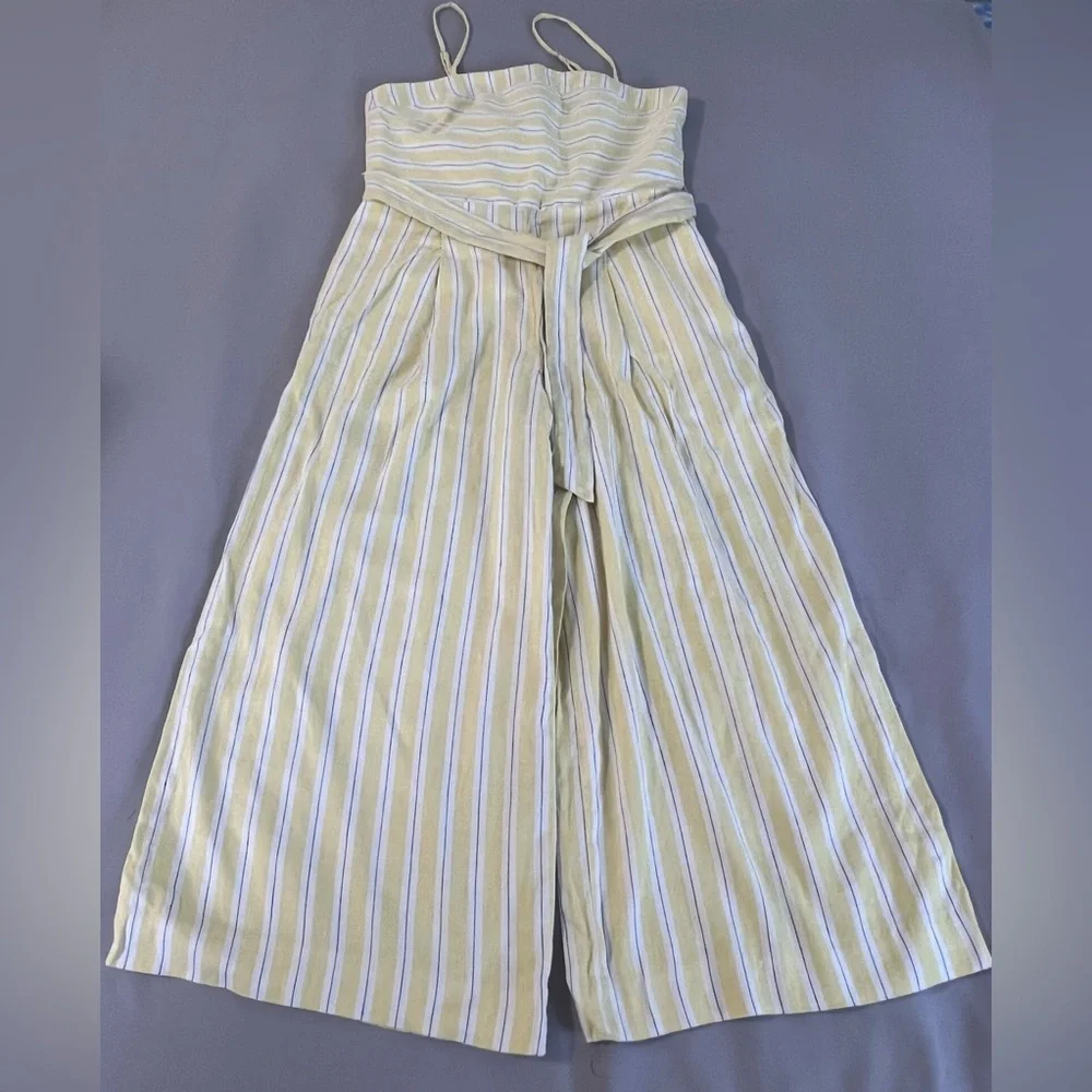 Banana Republic Women Yellow Stripe Linen-Cotton Cropped Jumpsuit‎ sz 4